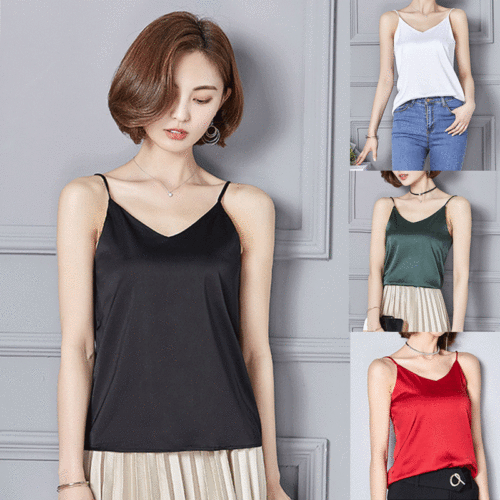Women's Silk Satin Camisole Plain Strappy Vest Tank Crop Tops Sleeveless T Shirt - Bild 4 von 25