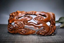 6" Chinese Box-wood Hand Engraving Hollow Out Propitious Cloud Grain Statue