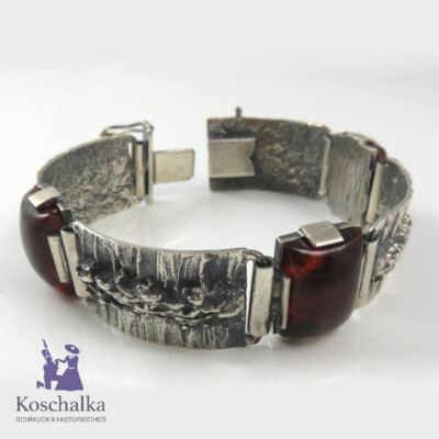 Designer Brutalist Bernstein Armband aus 835er Silber um 1960/70 (E3115)