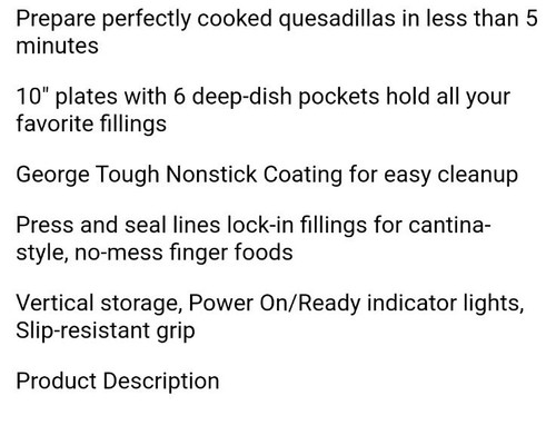 George Forman Quesadilla Maker Grill Non Stick, Healthy Eating Pre-owned - Picture 5 of 7