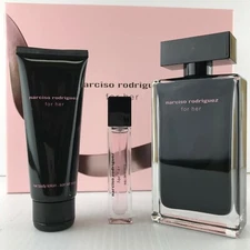Narciso Rodriguez for Her 3pc set Parfum Spray 3.3 oz Body Lotion and Mini Spray