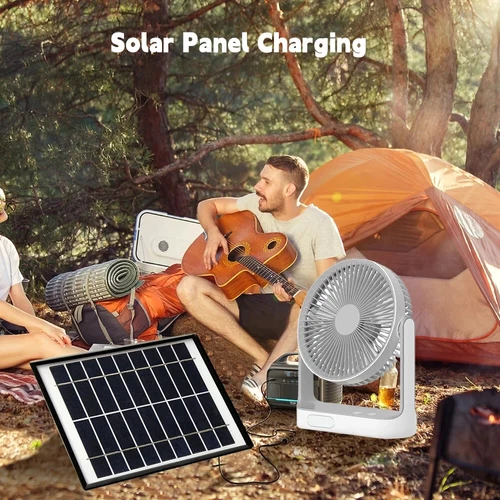 2025 New Rechargeable Fan With solar panel, 3 Speeds, LED light and 2 Free bulbs - Picture 3 of 12