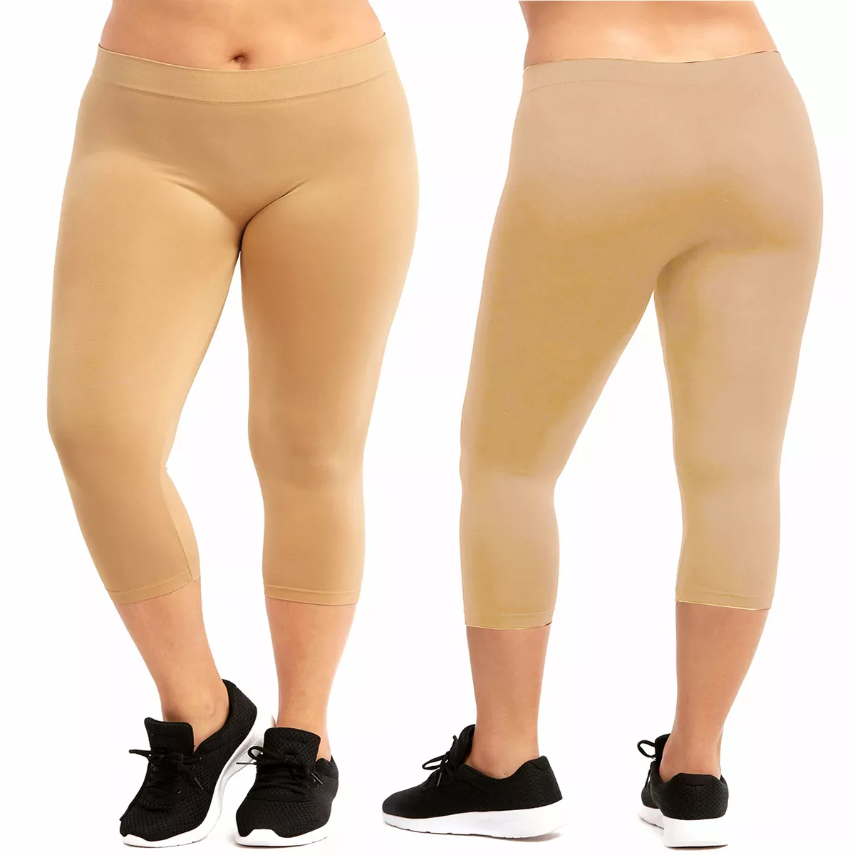 Women Seamless Plus One Size Footless Stretch Yoga Pants Capri Leggings  Beige