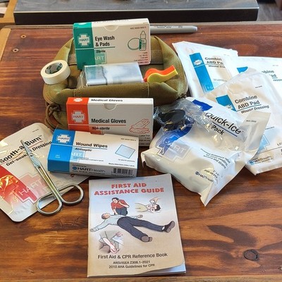 HART Portable First Aid Set Green Bag w/ Eye Wash, Gloves, Wipes, ABD, Cold Pack