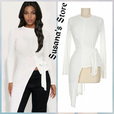 NWT BCBG MAXAZRIA SIZE S OFF WHITE LONG SLEEVE SIDE TIE ASYMMETRIC TOP MSRP $148
