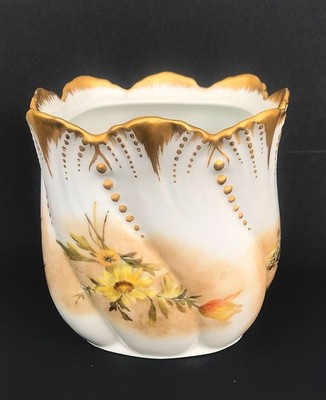 ANTIQUE LIMOGES HAND PAINTED FLORAL DRAGONFLY CACHE POT/VASE/JAR 5.5''x5.5''