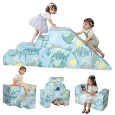  Foam Climbing Toddler Couch, Modular Kids Sofa with Slide & Stair, Dino Blue