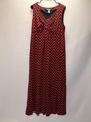 Chico's Dress Womens 2 Petite Red Black Chevron Maxi Sleeveless V Neck