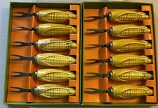 Vintage Corn On The Cob Holders Skewers Ceramic Stainless Japan Set of 12 In Box