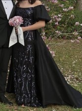 Black Sequin Mermaid Gown With Overskirt and Puff Sleeves