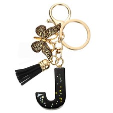 Initial Letter Keychains, Resin Cute Pendant with Butterfly Tassel, Black-J