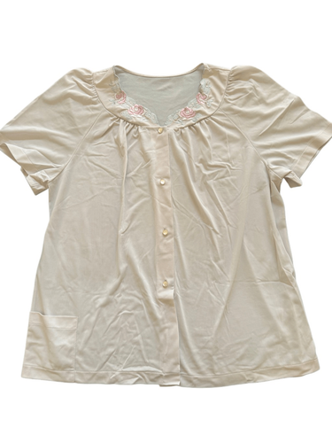 Damen Vintage Pyjama Set 2 teilig Mittel bis Groß Pastell Creme Blumen Bluse & - Bild 3 von 4