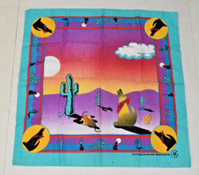 Vintage Hav-a-Hank Bandana 80s Western Turquoise Desert Coyote Moon 21 X 21 In