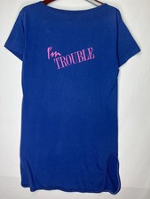 Trouble Women’s OS Blue Graphic Tee “I’m Trouble” Pink Print Made in USA