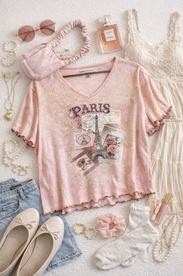 Basic Editions Paris Graphic Tee Y2K Coquette Fairy Grunge Baby Tee 2X Pink B58