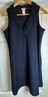 Serene Navy Sleeveless Eyelet Collar Shift Dress Womens Size Large Coastal Beach