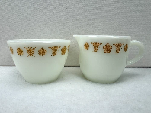 Vintage Pyrex Corning Butterfly Gold Creamer and Sugar Bowl Milk Glass