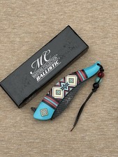Western Style Pocket Knife Spring Assist Feather Navajo Blue Lanyard Beads