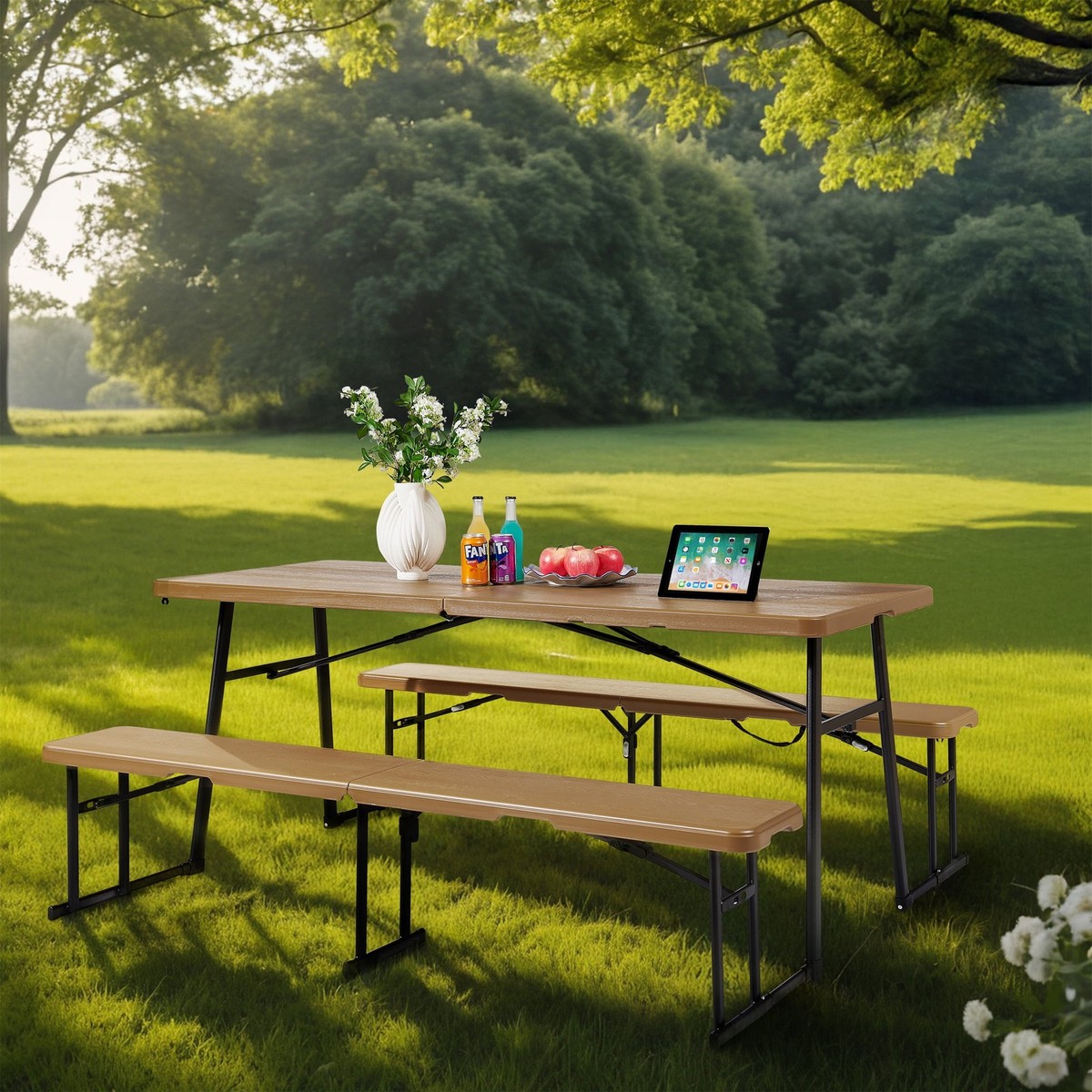 Living & More MSF5362500861DB 6ft Picnic Folding Table Set, Dark