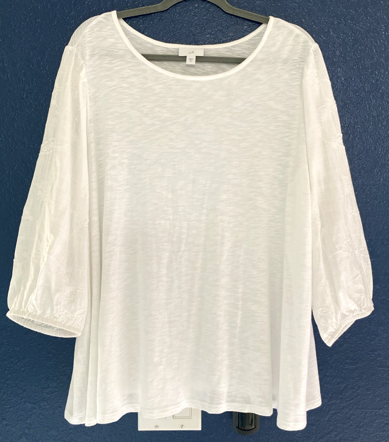 Womens J Jill White Slub Knit Top Embroidered Blouson 3/4 Sleeves Size Xl Euc