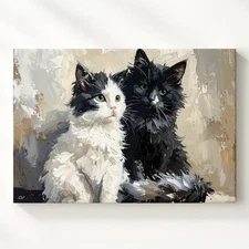Fluffy Feline Companions Canvas Black And White Cats In Affectionate Posture