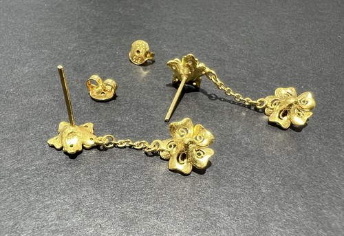 24K Solid Yellow Gold Double Flower Dangle Stud Earrings - Picture 9 of 18
