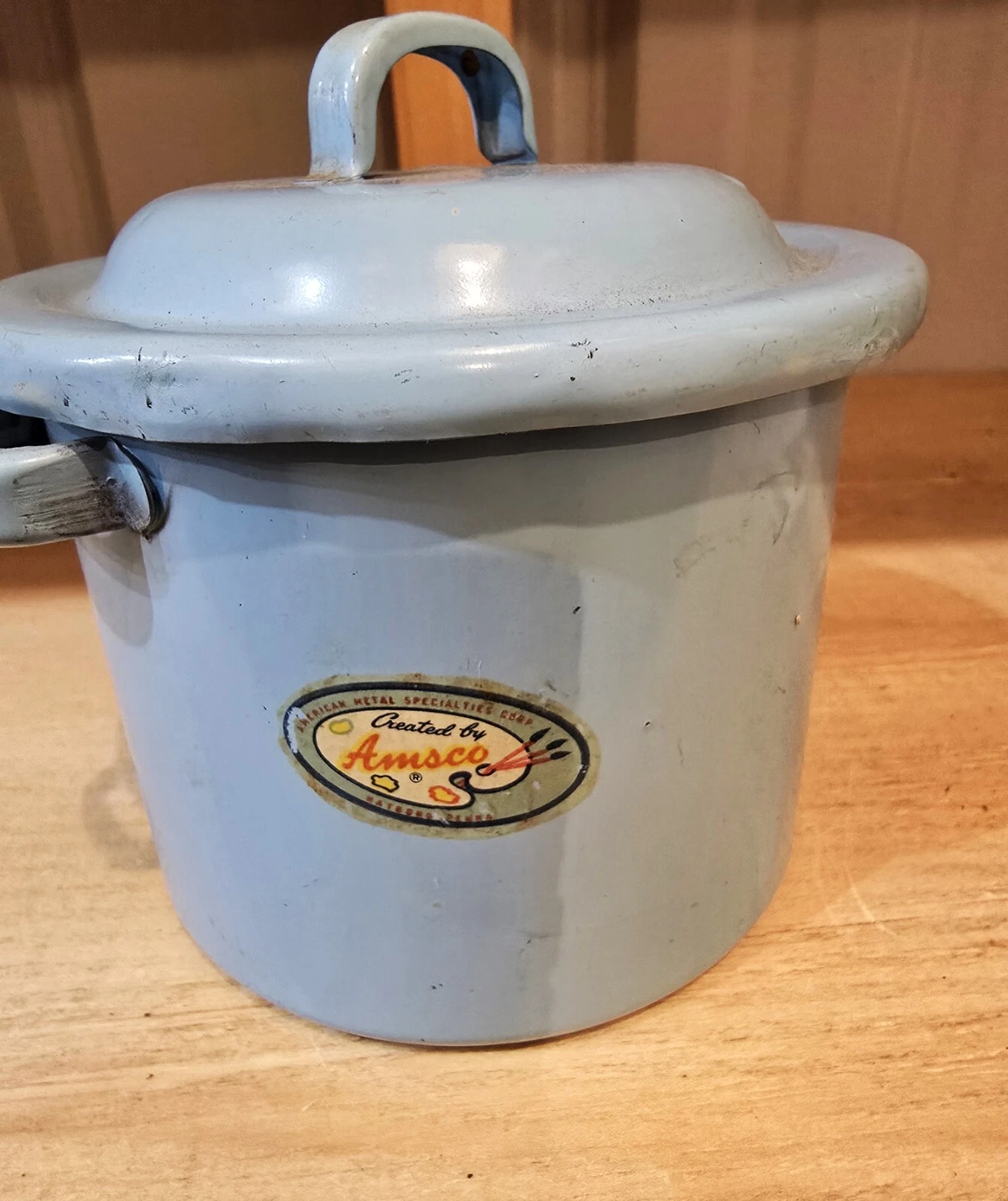 Amsco Blue Enamel Egg Pot/Cooker With Egg Holder. It Measures 4-5/8"W x 4-3/4"H