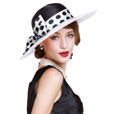 Wide Brim Derby Hat For Women Wedding Party Hat Dots Bowknot 