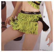 Medium child skirted trunks slit miniskirt Black w/chartreuse/black 1.5" fringe