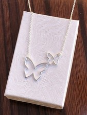 925 Sterling Silver Double Butterfly Pendant Necklace Plain 17mm/10mm 17.13"