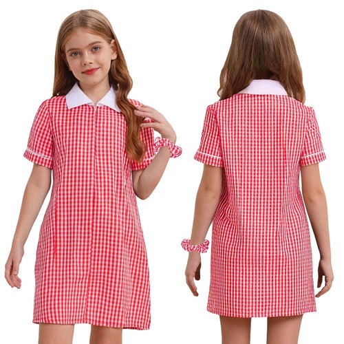 Kids Girls Plaid School Uniform Playsuit Short Sleeve Turn-Down Collar Jumpsuit - Picture 49 of 107