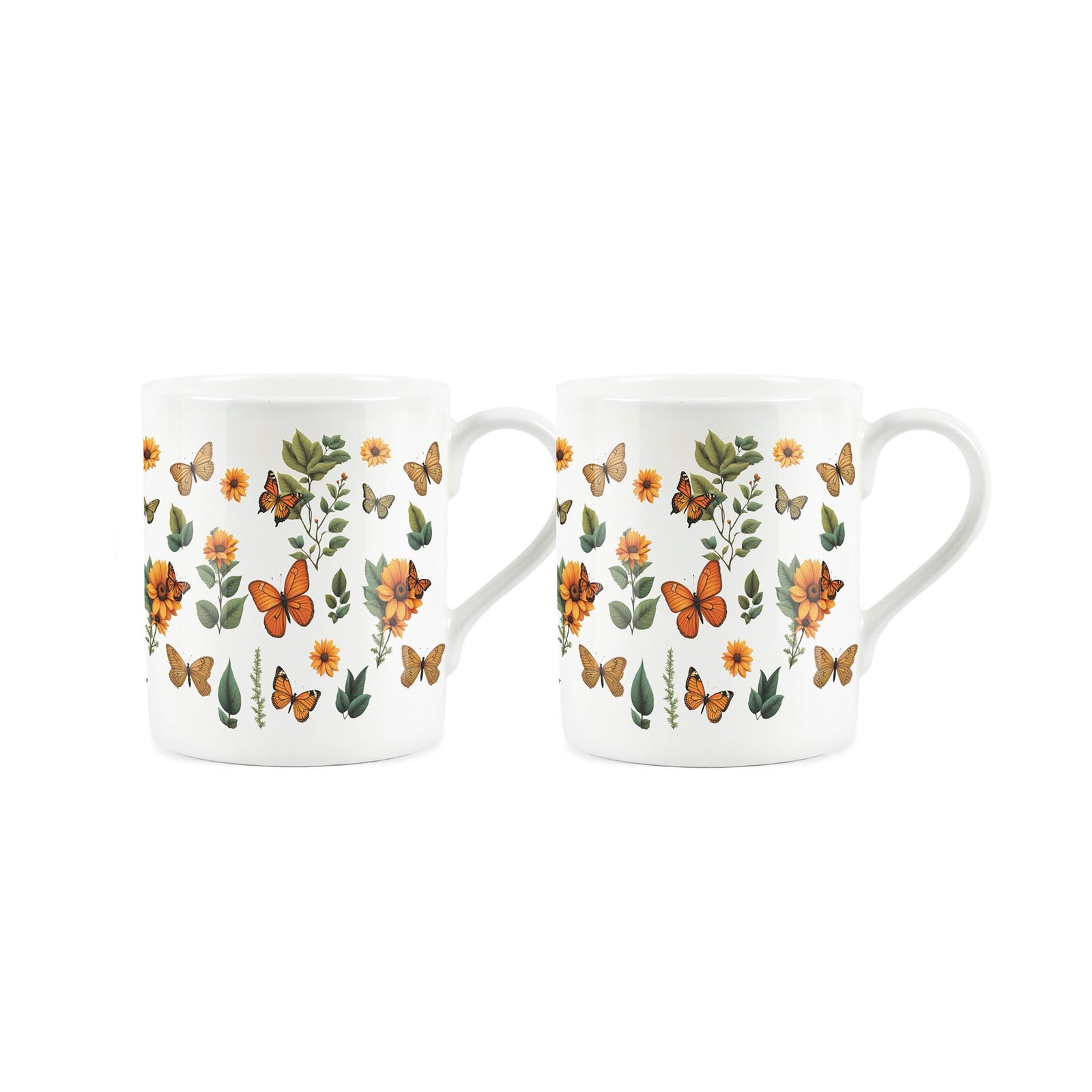 Butterfly Mug Set - Botanical Flowers Print - Small Bone China Cup Set of 2 Gift
