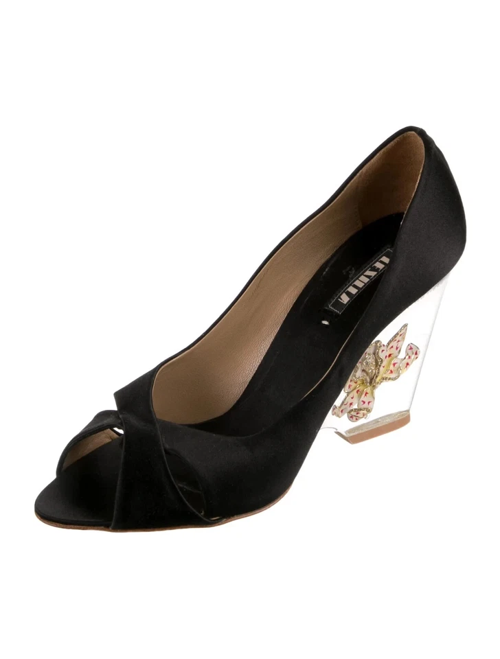 Черные атласные хрустальные туфли-лодочки LE SILLA с цветочным принтом размер 8,5 IT 38,5 в очень хорошем состоянии. - Изображение 2 из 4