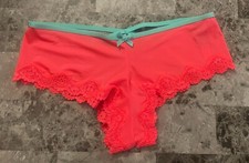 VICTORIA'S SECRET L ORANGE SATIN SMOOTH LACE AQUA STRAPPY RARE CHEEKY PANTIES