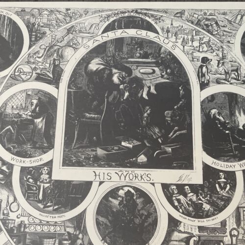 Santa Claus Works Thomas Nast xilografia stampa incisa 1866 Harper's settimanale rara