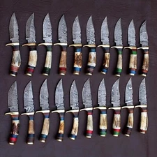 LOT OF 20PCS, 6'' INCH SKINNER KNIFE STAG HORN HANDLE HANDMADE DAMASCUS W/SHEATH