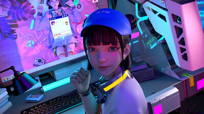 Anime girls computer looking at viewer hat women with Play Gaming Mat Desk
