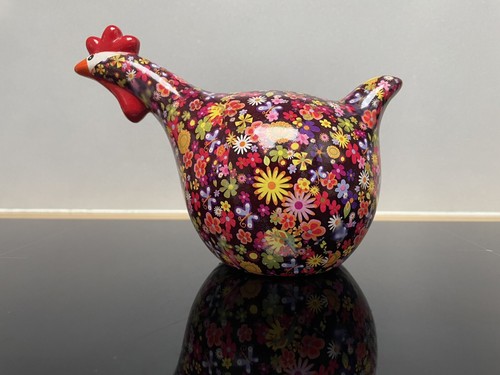 Vintage Sammlerstück Pomme Pidou Stil Huhn Henne Blumen Terrakotta Spardose