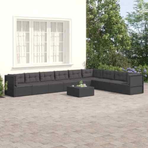 9pcs Black Polyrattan Garden Living Room Set with Pillows-