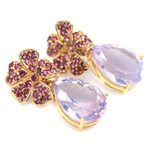 925 Sterling Silver 15 x 20 mm. Lavender Quartz & Rhodolite Earrings - Picture 2 of 4