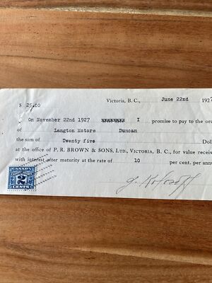 Vintage Cheque 1927, Langton Motors Duncan B.C. Vancouver Island Victoria PMB