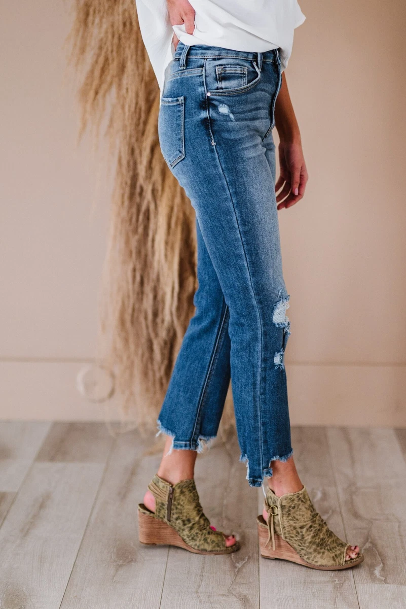 RISEN Hi Rise Crop Step Sz 1 raw chew hem distressed jean STRETCHY St RDP5066