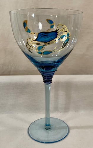 Nancy Lamed Hand-Painted BLUE CRAB Chardonnay Wine Glass: Hand Blown • Beach - Picture 6 of 14