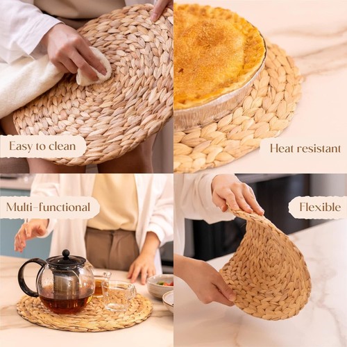 6 Pack, Round Woven Placemats, Natural Water Hyacinth Place mats, Braided Straw - Picture 4 of 4