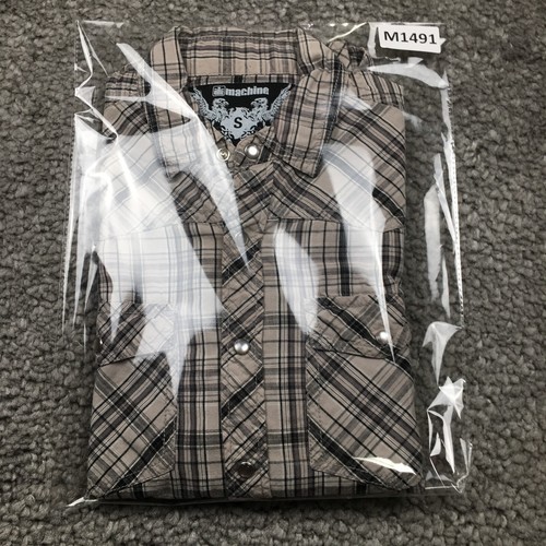 Machine Clothing Mens Western Shirt Sz S Gray Plaid Pearl Snaps 2 Snap Pockets - Picture 10 of 10