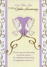 Two Doves Purple Heart Gold Foil Swirls Religious 50th Anniversary Card