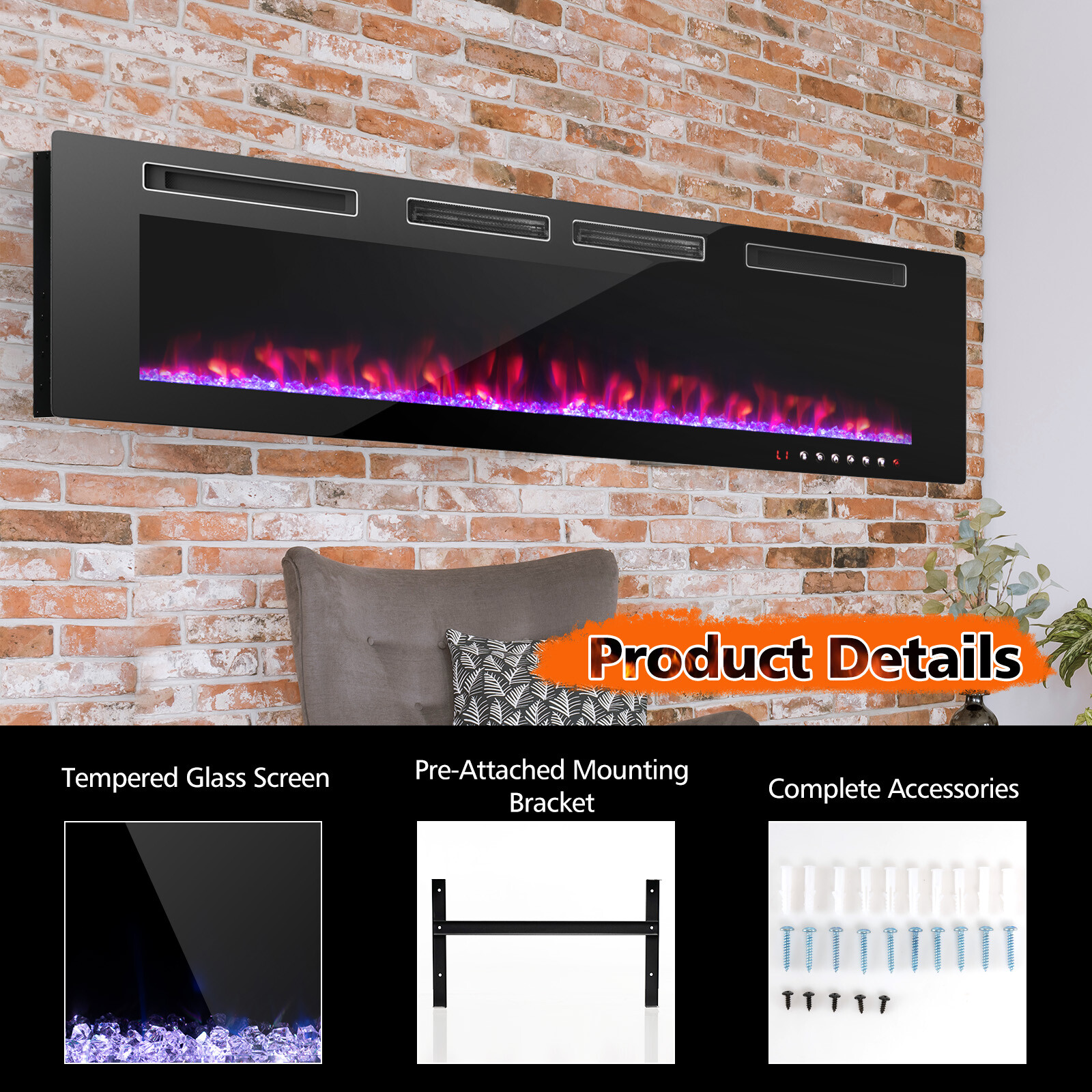 72" Ultra-Thin Linear Electric Fireplace w/ Multicolor Flame Bed & Flame Black