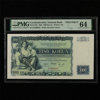 Banco Nacional de Checoslovaquia 1934 1000 coronas "ESPECIMEN" Pick #26s PMG 64 UNC