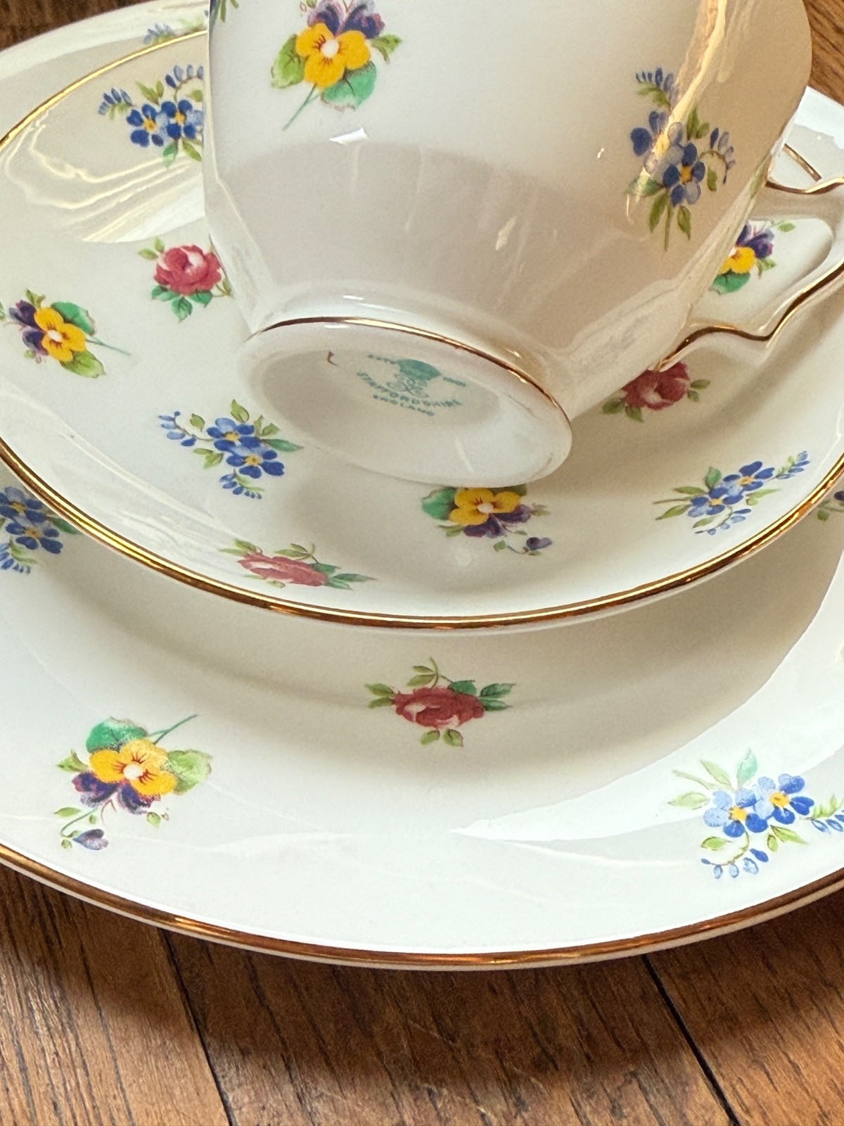 Crown Staffordshire Tea Cup Saucer Plate Floral Rose Pansy Teacup Trio Vintage