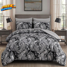 Black Paisley Comforter Set Queen Size 7 Piece Bed in a Bag Black Gray Boho